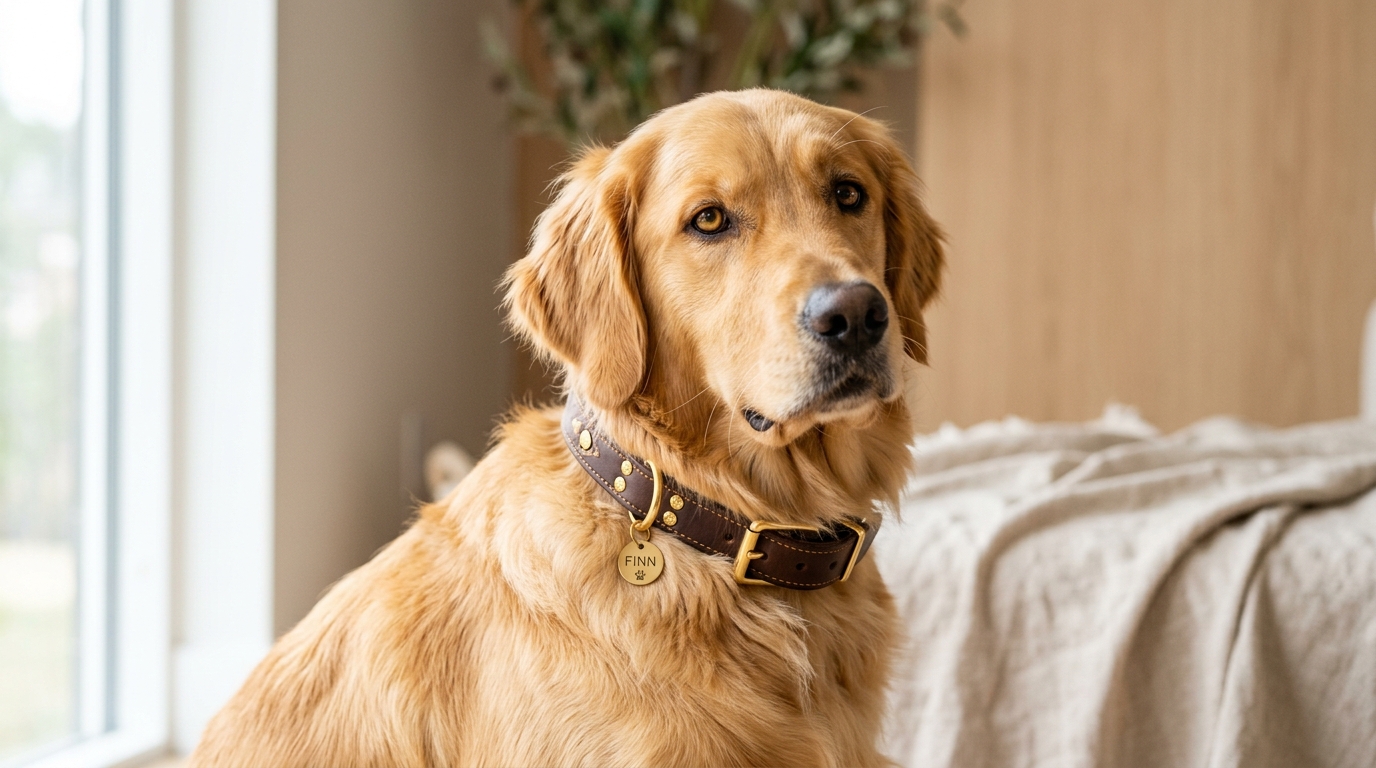Elegancki pies Golden Retriever w obroży GALVIS